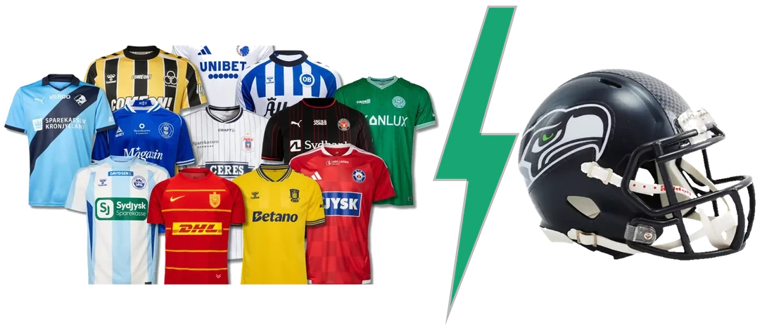 Superliga-trøjer og en NFL-minihjelm, adskilt af et lyn